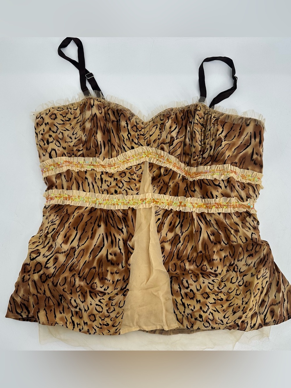 Susan Lucci Y2K Silk Animal Print Corset Top Size 8 Bustier Sequin Trim